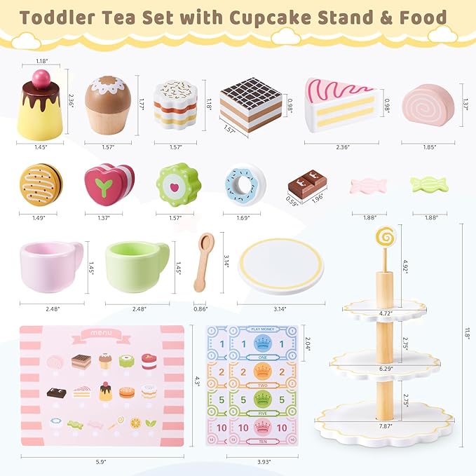 Wooden Tea Party Set for Little Girls, Ehome Princess Tea Time Toy Including Dessert Tray Cake, 31pcs Kids Dessert Toys Pretend Play for Girls Boys Age 1-6