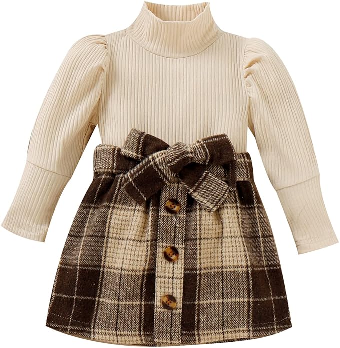 Fernvia Toddler Baby Girl Fall Winter Skirt Set Turtleneck Ribbed Long Sleeve T-Shirt Top & Plaid Skirts Dress 2Pcs Outfits