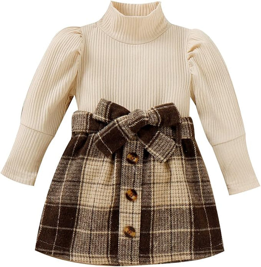 Fernvia Toddler Baby Girl Fall Winter Skirt Set Turtleneck Ribbed Long Sleeve T-Shirt Top & Plaid Skirts Dress 2Pcs Outfits
