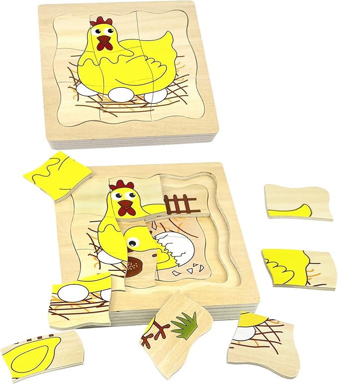 Montessori Wooden Puzzles for Kids Ages 4-8, 4 Layer Life Cycle Jigsaw Puzzle for Toddlers, Children Preschool Learning Educational Puzzles Toys for Boys and Girls (Chicken)