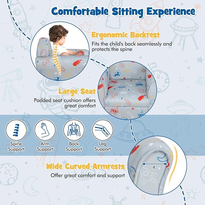 Costzon Kids Couch, Children's Sofa Armrest Chair with Pattern, Toddler Furniture w/Sturdy Wood Construction, Preschool, Lightweight Kids Couch Sofa Chair for Aged 1-5 Boys & Girls Gifts, Aliens