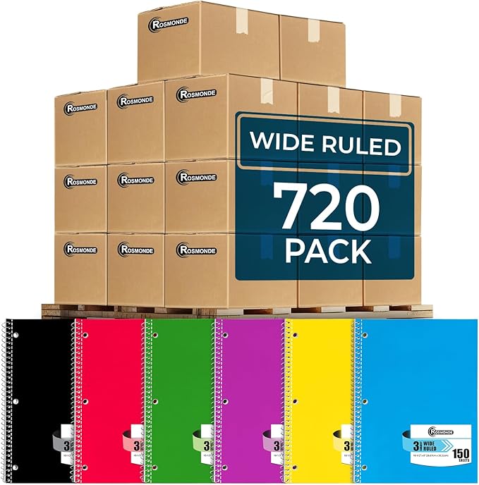 720 Packs (Pallet) 3 Subject Notebooks, Spiral Notebook Bulk, Wide Ruled, Pallet of Notebooks, 150 Sheets (300 pages), 8 x 10-1/2", Bulk Spiral Notebooks for School & Office, 4-7 Days Transit
