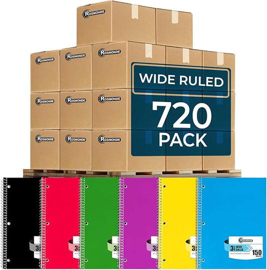 720 Packs (Pallet) 3 Subject Notebooks, Spiral Notebook Bulk, Wide Ruled, Pallet of Notebooks, 150 Sheets (300 pages), 8 x 10-1/2", Bulk Spiral Notebooks for School & Office, 4-7 Days Transit