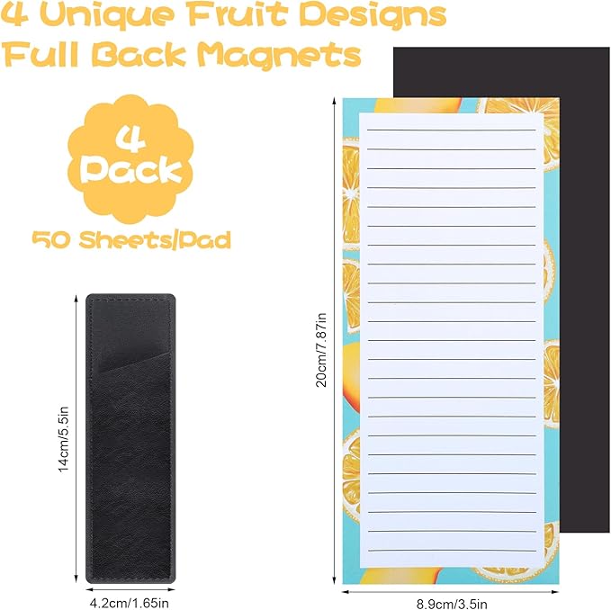 4 Pack Magnetic Note Pad for Fridge with Pen Holder, Totally 200 Sheets Grocery List Magnet Pad for Refrigerator Magnetic Shopping List Pad（Fruit Design）