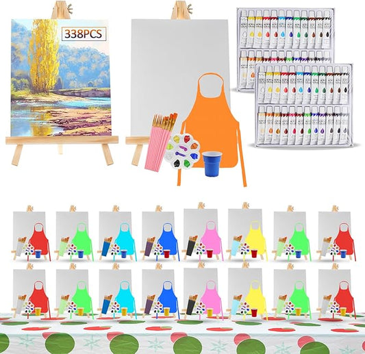 338 Pcs Art Painting Kit Supplies Set for Kids to Party - 180 Paint Brushes, 48 Acrylic Paints, 18 Wood Easels & Canvas Panels & Palettes & Aprons & Wash Pen Cup, 2 Plastic Tablecloth