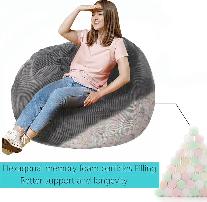 Bean Bag Chairs with Faux Rabbit Fur Cover, 3 ft Giant Memory Foam Bean Bag Chairs for Adults/Teens with Filling,Ultra Soft Faux Fur Fabric, Round Fluffy Sofa for Living Room Bedroom College Dorm