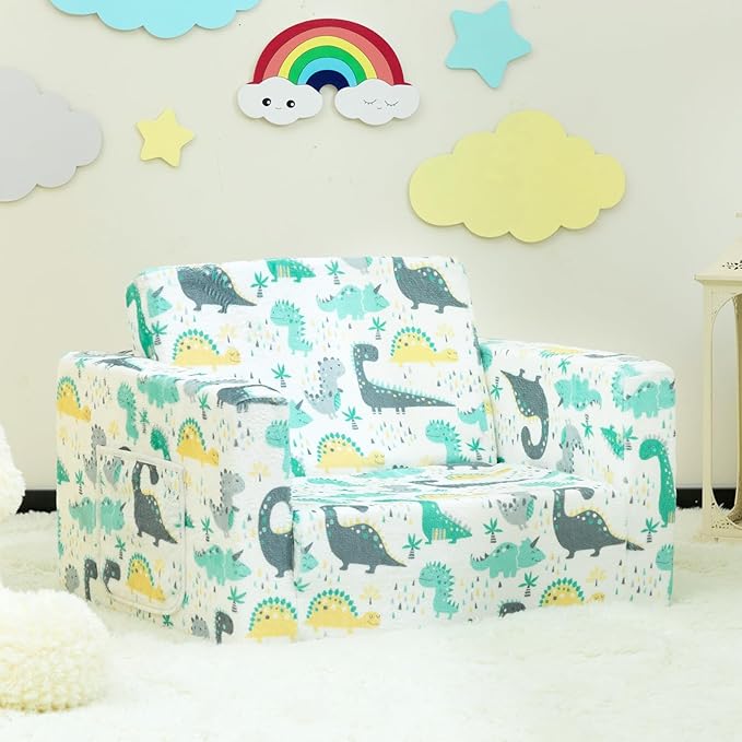 ALIMORDEN 2-in-1 Flip Out Cuddly Sherpa Toddler Couch, Convertible Sofa to Lounger, Dinosaur
