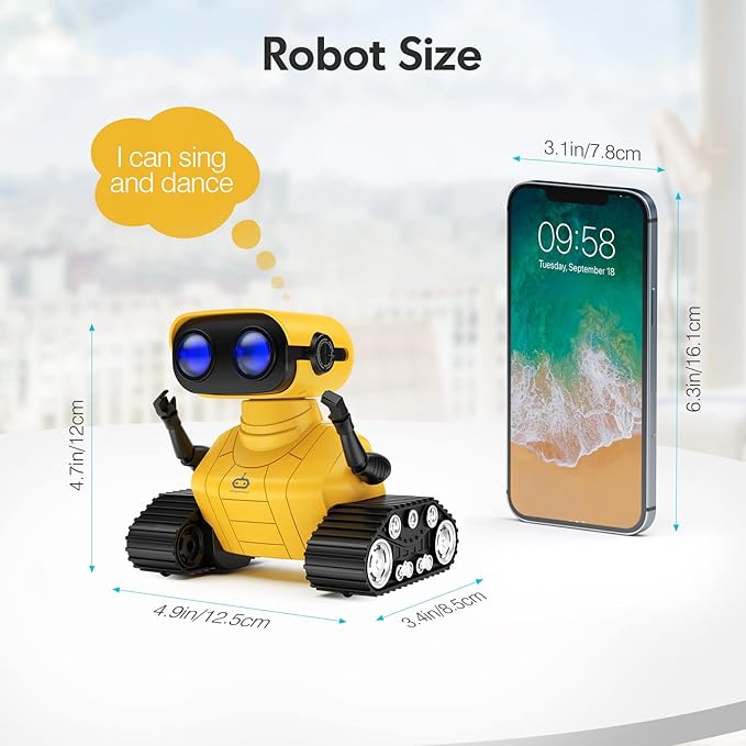 ALLCELE Robot Toys, Rechargeable RC Robots for Kids Boys, Remote Control Toy with Music and LED Eyes, Gift for Children Age 3 Years and Up - Yellow