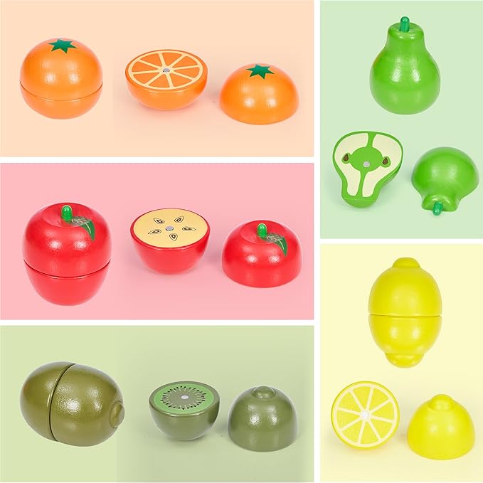 Wooden Play Food Sets for Kids Kitchen Accessories, Realistic Wood Cutting Fruits and Vegetables Toys for 3- Year Old Toddlers, Mini Pretend Play Gifts for 3 -6 Years Girls Boys
