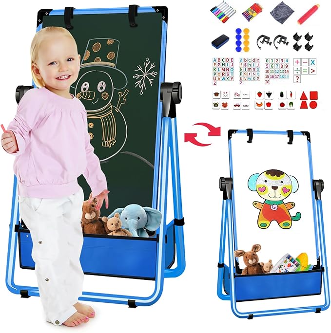 Kids Easel Double-Sided Art Easel with Paper Clip Height Adjustable Whiteboard & Chalkboard 360°Rotating Standing Art Easel for Kids Gift for Boys and Girls Toys for Ages 2-4