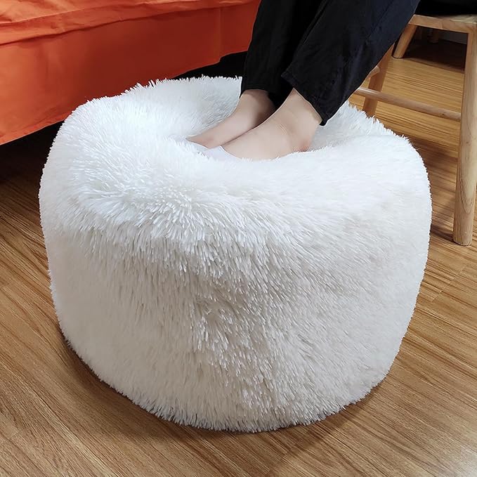 Round Pouf Ottoman Stuffed Pouf Ottoman Foot Rest Floor Foot Stool Floor Pouf for Living Room Bedroom Foot Rest for Couch 20 Inx12 Inch One Piece High Resiliency Foam Ottoman White Pouf with Filler