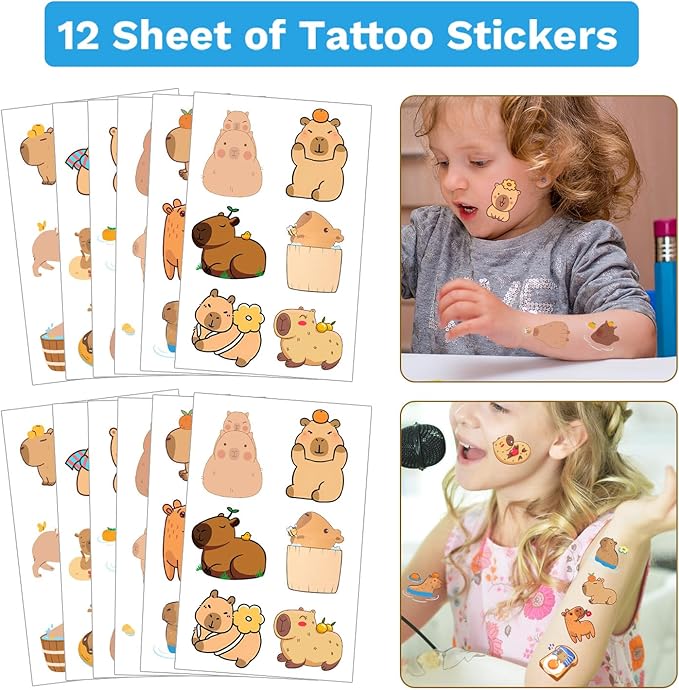 98 PCS Capybara Party Favors, Capybara Temporary Tattoos, Slap Bracelets, Keychains, Stickers, and Badges for Kids Capybara Birthday Party Decorations and Classroom Rewards