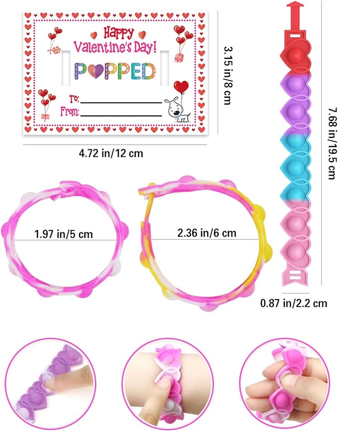 30 Packs Valentine's Day Cards for Kids with Heart Pop Bracelets Bubble Toys, Valentine's Day School Classroom Prizes, Valentine Exchange Gift, Kids Valentine Party Favors
