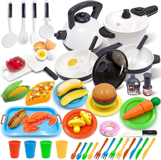 Kids Kitchen Toy Cookware with Play Food Toy Set,Kitchen Play Accessories with Pots and Pans,Cutting Food Toy Utensils,Play Dishes Learning Toys Gift for Toddlers Boys Girls(72 PCS)