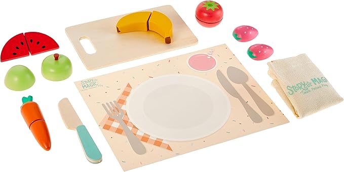 Story Magic Wooden Farm-to-Table Cutting Food Set, Wooden Play Food Toy, Kids Wood Cutting Fruits Vegetables, Toddler Cooking Pretend Play Kitchen Food Set