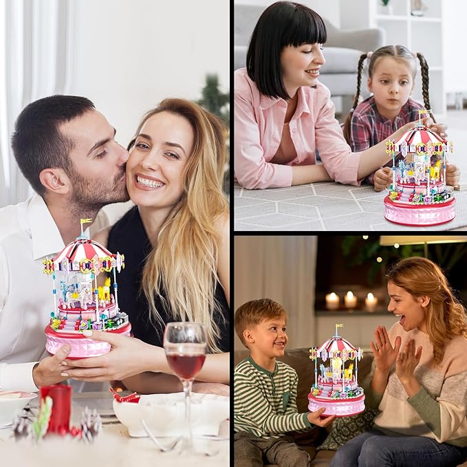 591 Piece Mini Music Box Building Block Set,Rotating Carousel DIY Building Toy,Girl Amusement Park Building Block Kit,STEM Educational Toys,Christmas Birthday Gifts for Girls Boys Ages 6-12+