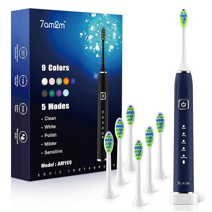 7AM2M Sonic Electric Toothbrush with 6 Brush Heads for Adults&Kids, One Charge for 120 Days, Wireless Fast Charge, 5 Modes, 40000VPM Powered Toothbrush, 2 Minutes Built in Smart Timer (Navy Blue)