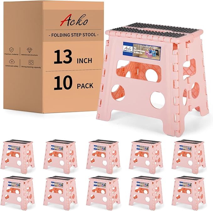 ACKO 10pack Folding Step Stool 13 Inch Stool Heavy Duty Plastic Foldable Step Stools for Kids, Stepping Stool with Handle, Folding Stool Suitable for Kitchen Hold Up to 300 LB (Sakura Pink)
