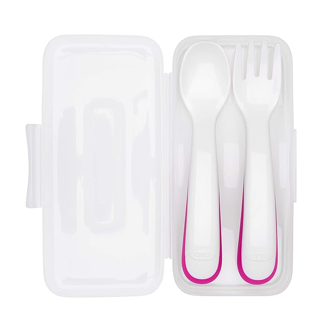 OXO Tot Plastic Fork & Spoon Set With Travel Case- Pink