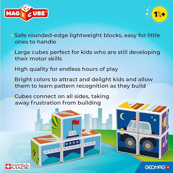 Geomag MagiCube Transport 4-Piece Magnetic Stacking Cubes Building Set, Toddlers & Kids Ages 1.5 and Up, STEM Educational Toy, Swiss-Made, Creativity, Imagination, Learning, 6 Adorable Building Ideas