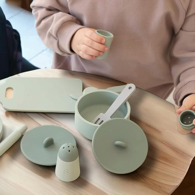 Kids Kitchen Silicone Pretend Toys- 9pcs Play Kitchen Accessories Set with Cookware -Food Grade Silicone -Kids Toy Kitchen Accessories – Pretend Play Kitchen Toy Set for Cooking-Green