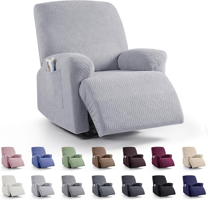 KinCam Recliner Covers, Stretch Reclining Chair Covers, Recliner Sofa Slipcovers Stripe Jacquard Recliner Couch Covers Furniture Protector Covers for Pet Kid (1 Seater, Misty Gray)