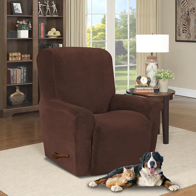 AZON Velvet Stretch Recliner Chair Cover,1-Piece Washable Recliner Couch Cover with Elastic Furniture Protector for Pets, Kids(Recliner, Chocolate)