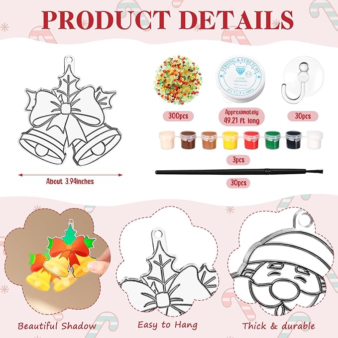 30 Set Christmas Craft Kit Suncatchers Kit Christmas Tree Santa Gingerbread DIY Suncatchers Craft Kit Make Your Own Suncatcher Paint Sun Catcher Ornaments for Xmas Art Craft Painting Activity