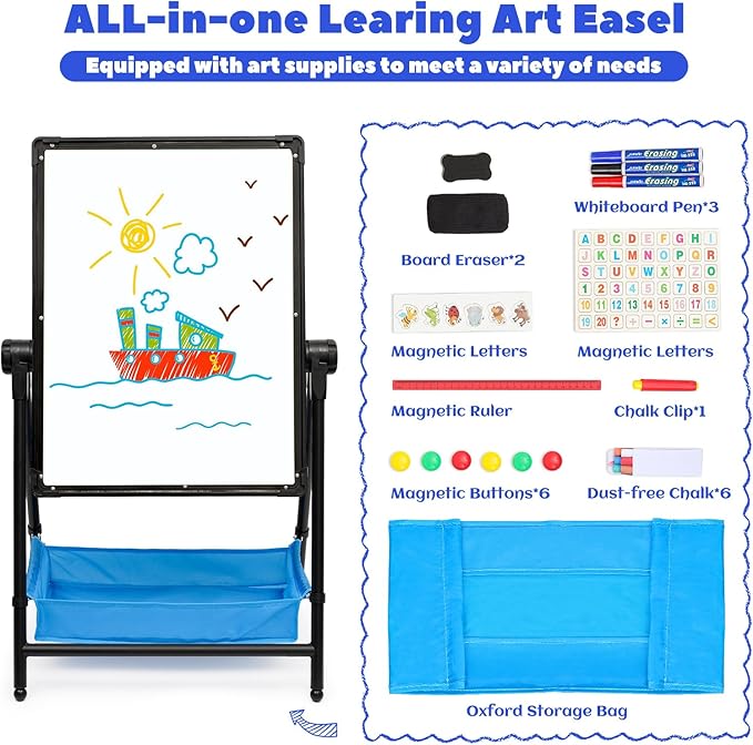Kids Art Easel Double-Sided Easel Designed with Height Adjustable Function & Large Storage Bag Whiteboard & Chalkboard 360°Rotating Kids Drawing Easels for Kids Toddlers (26inch-43inch)