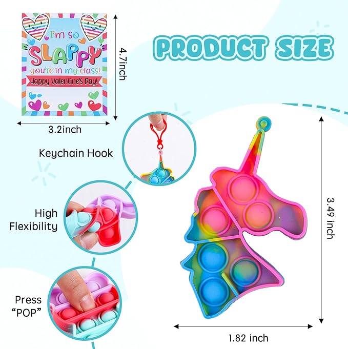 24 Packs Valentines Day Gifts for Kids,Valentines Pop Fidget Toys Bulk with Keychain for Kids School Class Classroom Valentines Day Cards Gifts Prizes Party Favors