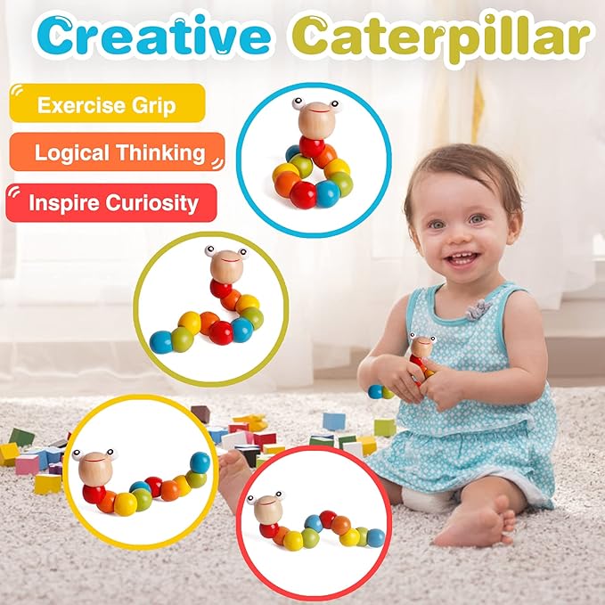 SHIERDU Four-in-one Early Education Set Bead Maze Toy for Toddlers Montessori Activity Caterpillars Eat Apple Wooden Rainbow Stacker Twisting Caterpillar Toddler Activity Center Portable Travel Toys