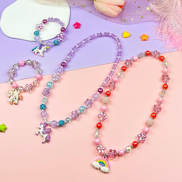 4 Sets Baby Girl Unicorn Necklace Bracelet Set Dress up Princess Pretend Play Necklace Bracelet Jewelry Gift for Toddlers Kids Jewelly Set in Gift Box