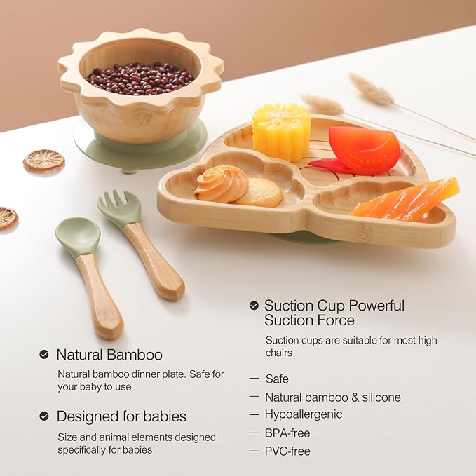 Bamboo Suction Plates Bowls Set for Baby Toddler Divided Platter Food bowl with Silicone Fork & Spoon All-Natural Baby Feeding Set for Baby-Led Weaning, Non-Slip Design