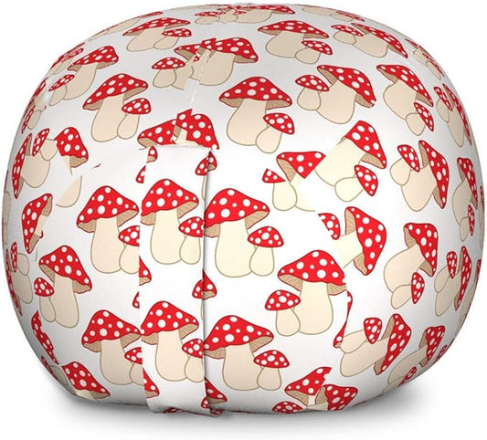 Ambesonne Mushroom Storage Toy Bag Chair, Cartoon Style Amanita Mushrooms Dotted Forest Plants Summer Nature Design, Stuffed Animal Organizer Washable Bag, Large Size, Cream Red