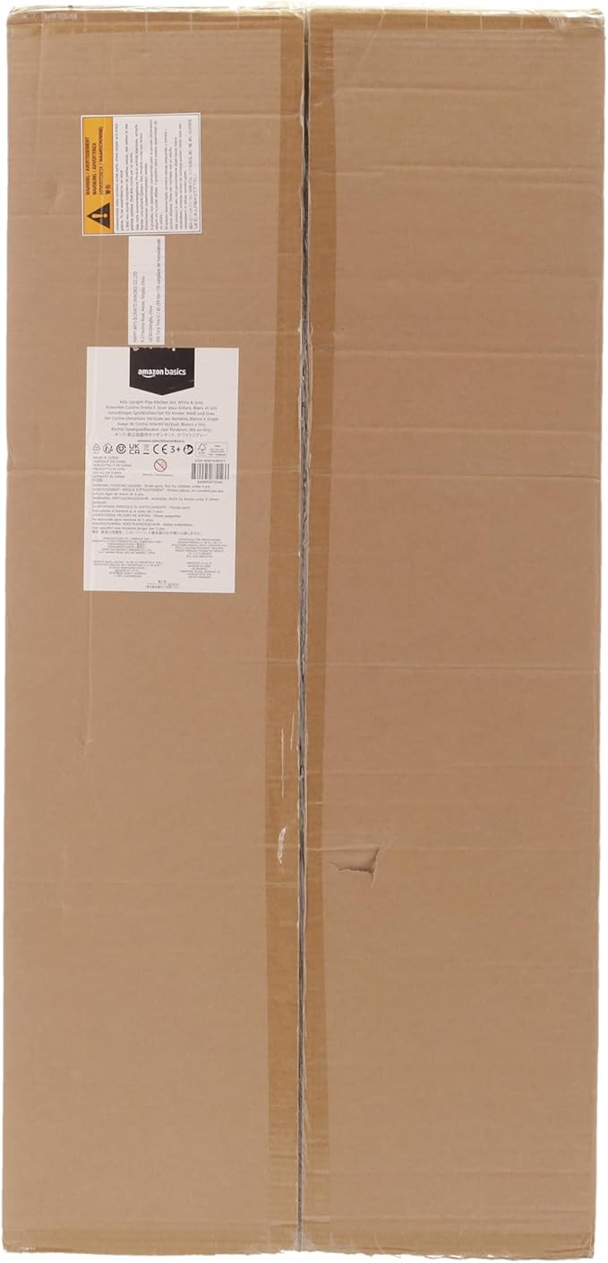 Amazon Basics Kids Upright Wooden Kitchen Toy Playset with Stove, Oven, Sink, Fridge and Accessories, for Toddlers, Preschoolers, Children Age 3+ Years, White & Gray, 39"L x 11.8"W x 39'H'