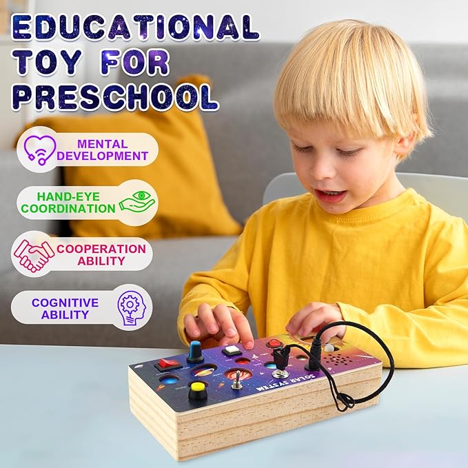 Montessori Wooden Busy Board with LED Light Switches, Toddler Busy Board Sensory Toys with Music, Preschool Learning Activities, Travel Toys, Christmas Birthday Gift for Kids Boys & Girls