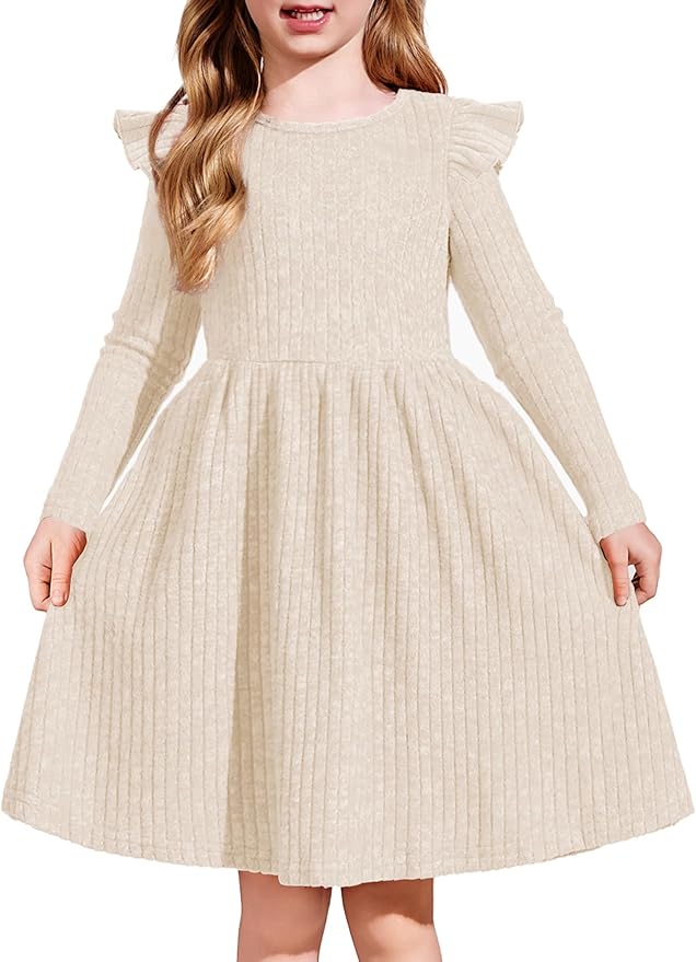 Arshiner Toddler Girl Dress Baby Girls Knitted Ruffle Sleeve Pocket Dresses A-Line Flared Fall Winter Clothes for 2-8 Years