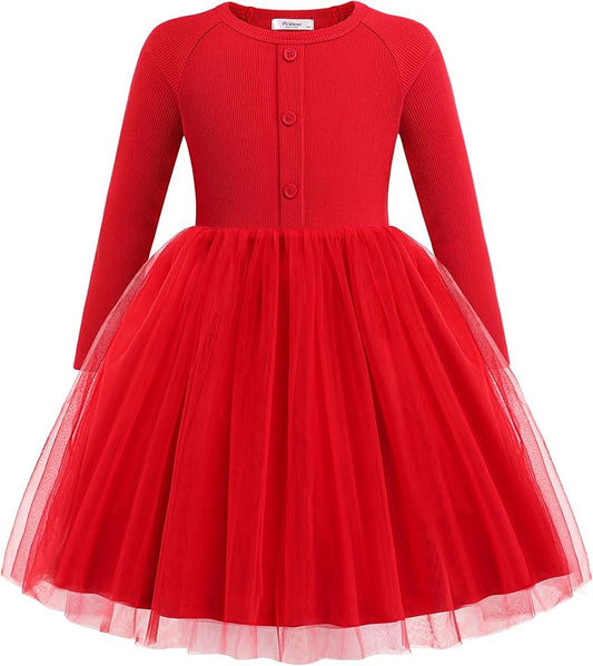 Arshiner Toddler Girls Tutu Dress Long Sleeve Fall Winter Button Front Party Tulle Dresses 2-8Y