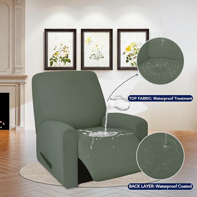 PureFit 100% Dual Waterproof Recliner Cover, Waterproof Couch Cover for Recliner - Stretch Non Slip Fleece Sofa Covers Washable, Leakproof Furniture Protector for Kids, Pets (Recliner, Grayish Green)