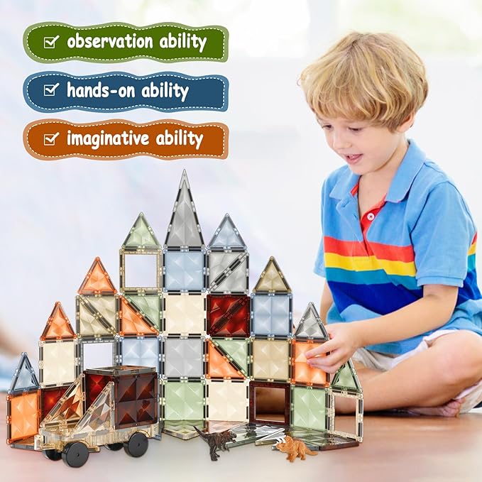 3D Magnetic Tiles, STEM Learning and Encourage Imaginative Play Magnetic Blocks, Preschool Puzzle Magnetic Toys with Dinosaur, Gift for Boys and Girls 3 4 5 6 7 8 Years+