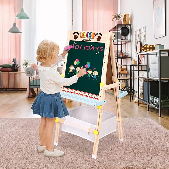 Kids Easel with Paper Roll Double-Sided Whiteboard & Chalkboard Standing Easel with Numbers and Other Accessories for Kids and Toddlers (with Abacus)