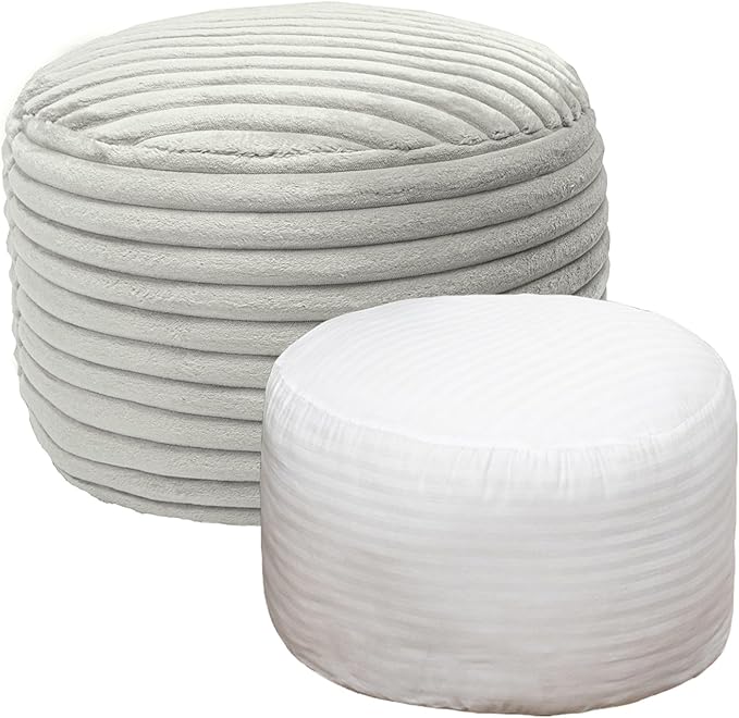 Round Stuffed Pouf Ottoman 20x20x12 Inches Faux Fur Ottoman Foot Rest Under Desk Foot Stool Great for Living Room Bedroom Small Furniture (Light Gray Pouf with Filler)