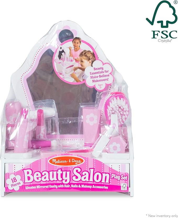 Melissa & Doug Wooden Beauty Salon Play Set With Vanity and Accessories (18 pcs) - FSC Certified