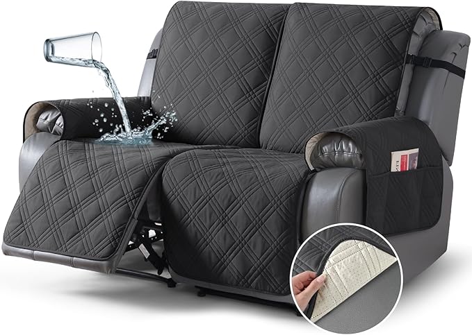 TAOCOCO 100% Waterproof Loveseat Recliner Cover, Non Slip Split Recliner Couch Cover with Elastic Straps, Washable Reclining Sofa Cover Furniture Protector for Kids, Pets(2 Seater, Charcoal Gray)