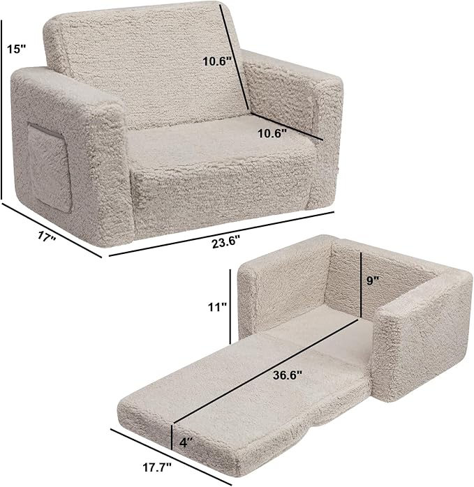 ALIMORDEN 2-in-1 Flip Out Cuddly Sherpa Toddler Couch, Convertible Sofa to Lounger, Light Grey