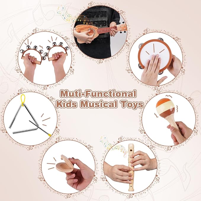 Kids Guitar Set - Toys for 2 3 Year Old Boy Gifts, Montessori Musical Instruments for Toddler 2-4, Birthday Gifts for 3 4 Year Old Girls, Band Sets with Ukulele/Tambourine/Maracas for Kids Age 3 4 5 6