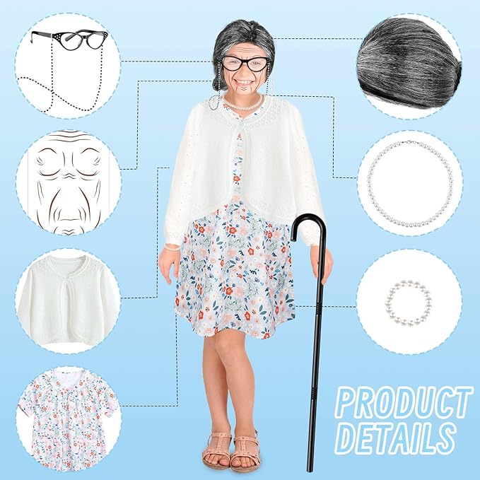 Kids 100 Days of School Costume for Girls Cosplay Outfit Including Grey Wig Cardigan Sweater Floral Dress Cat Eye Glasses