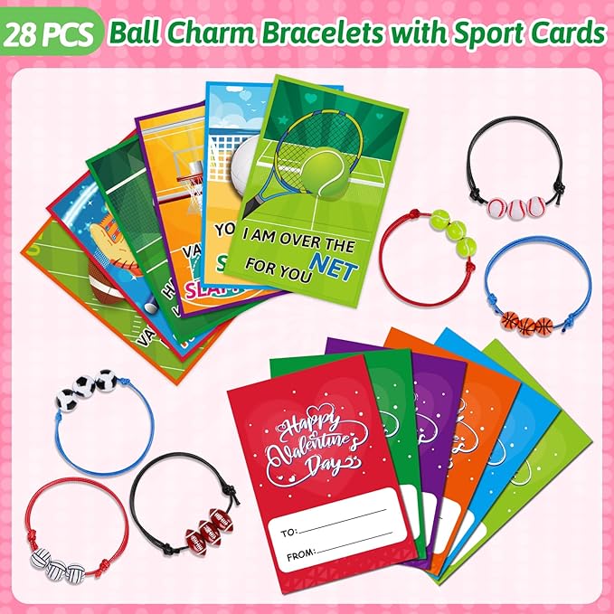 28 PCS Valentines Day Cards for Kids Adjustable Ball Charm Bracelets Toys Sports Valentines Party Favor Preschool Boys Ages 3-8 Classroom Exchange Valentine Day Gifts Football Basketball Bulk Prizes