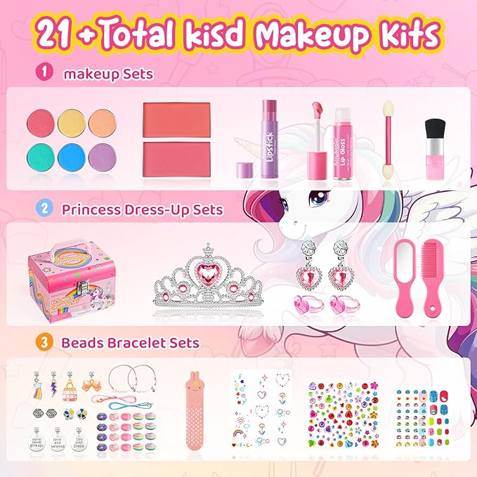 Kids Makeup Kit for Girls, Real Washable Cosmetic Set with Mirror, Jewelry Bracelet Making Kit for Kids Makeup Toy, Kids Makeup Sets for Girls 4 5 6 7 8 9 10 11 12 Years Old Kid (Pink)