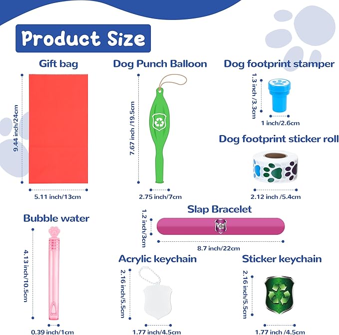 75PCS Dog Paw Party Favors Dog Paw Print Party Supplies Puppy Patrol Theme Pack Include Slap Bracelets、Paw Print Bubble Wands、Paw Stampers 、Punch Balloons、DIY Acrylic Keychain、Sticker、Goodie Bags